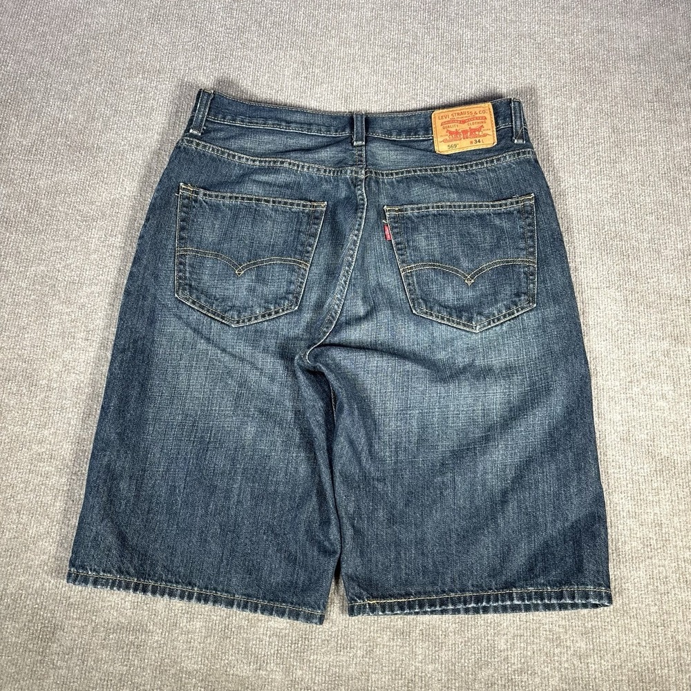 Levis 569 Jean Shorts Men 34 Loose Straight Fit Dark Blue Denim Faded Skater Y2K - Picture 2 of 11